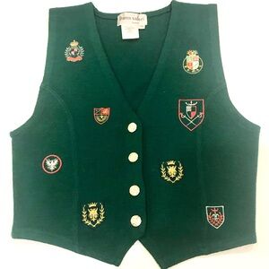 Vintage Vest in Dark Green with 8 Embroidered Red/Gold Crests & 4 Golden Buttons